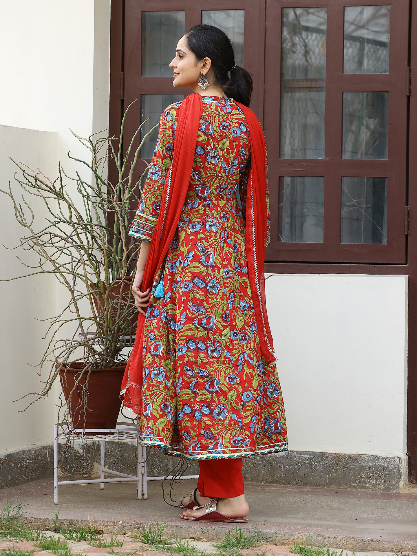 Red Hand Block Cotton Printed Anarkali Kurta Set